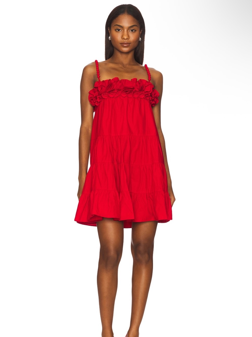Saylor Revolve Carie Swing Tiered 3D Floral Rosette Neckline Dress in Poppy Red